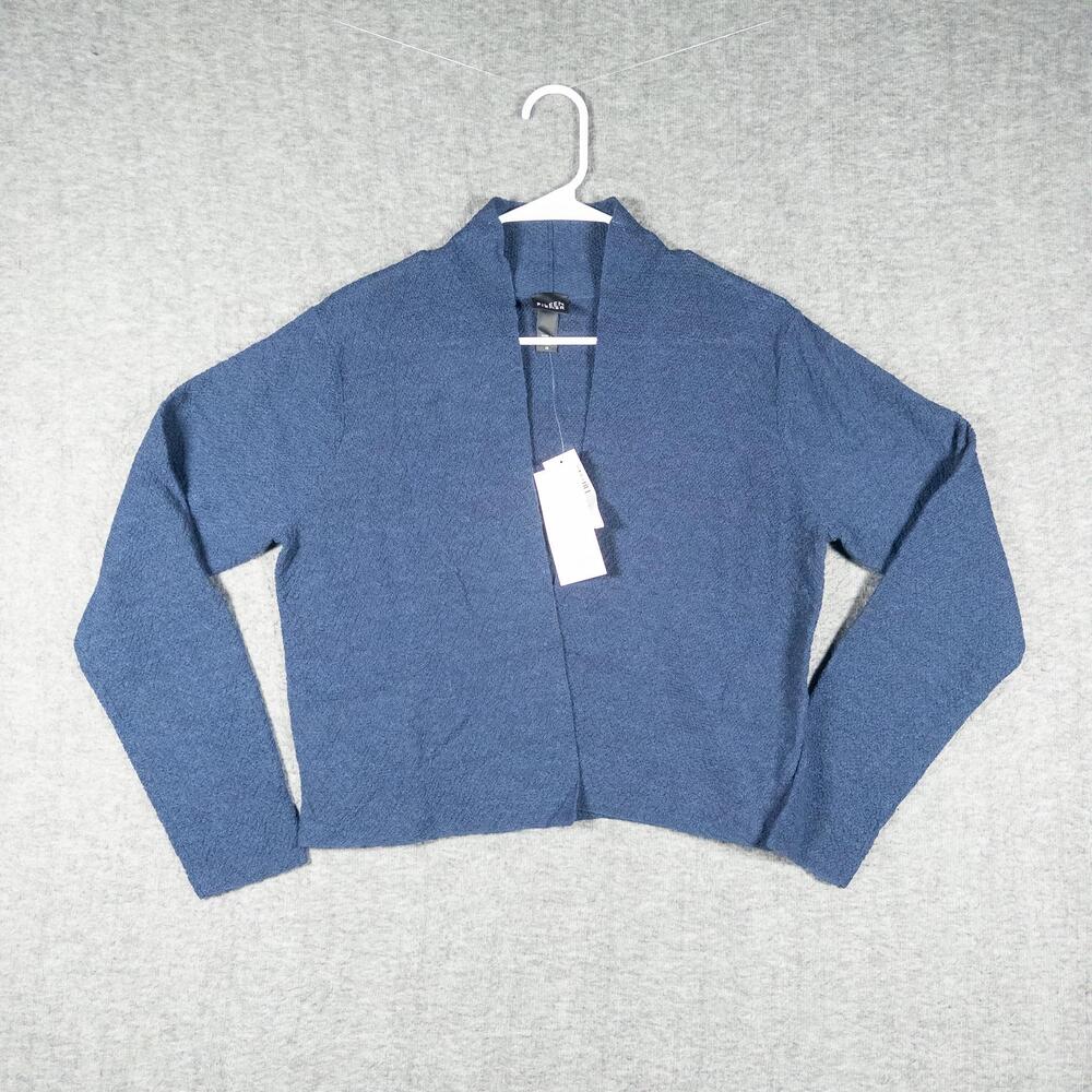 Eileen Fisher Womens M Blue Textured Open Front Cardigan Italian Yarn NWT